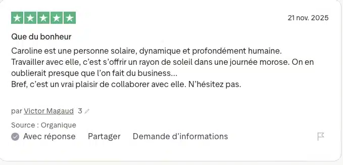 Avis client Trustpilot par un consultant travaillant avec Caroline de la Mardière.