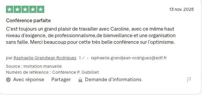 Avis client Trustpilot sur Meilleurs conférenciers – évaluation 5 étoiles par une cliente de Meilleurs conférenciers