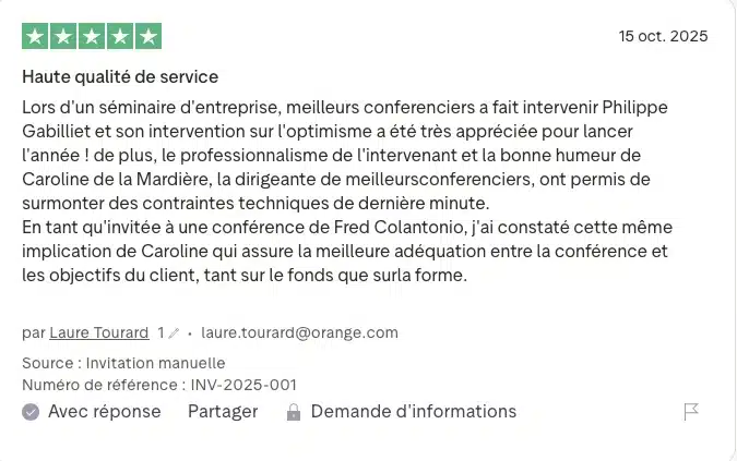 Avis client Trustpilot sur Meilleurs conférenciers – évaluation 5 étoiles et témoignage positif sur une conférence organisée par Caroline de la Mardière.