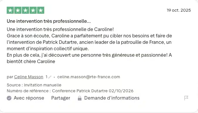 Avis client Trustpilot sur Meilleurs conférenciers – évaluation 5 étoiles et témoignage positif sur une conférence organisée par Caroline de la Mardière.